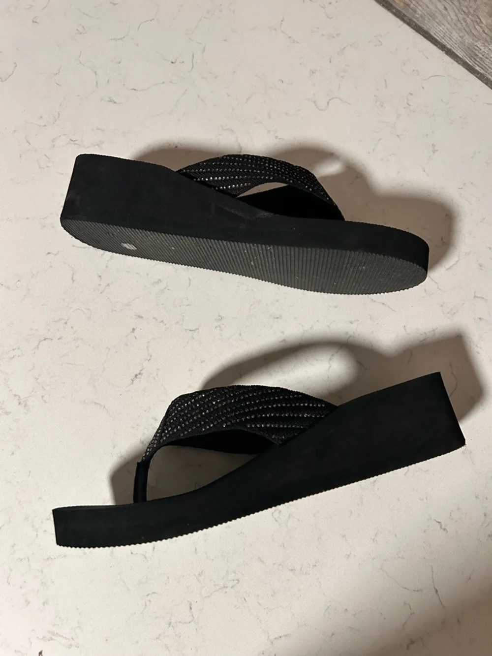 Kelly & Katie Black Wedge Flip Flop Thong Platform Sandal with Rhinestone Accent - Picture 11 of 16